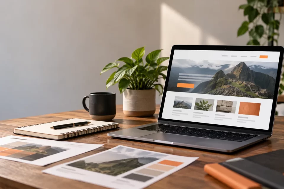 Laptop con una propuesta de página web profesional y materiales de estrategia digital