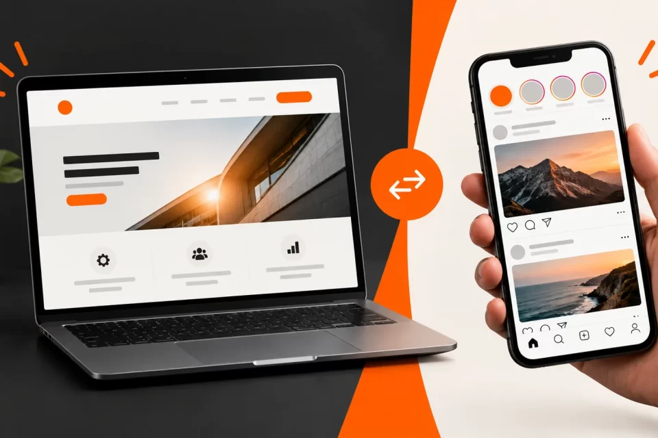 Comparación visual entre una página web profesional y las redes sociales para vender en Perú